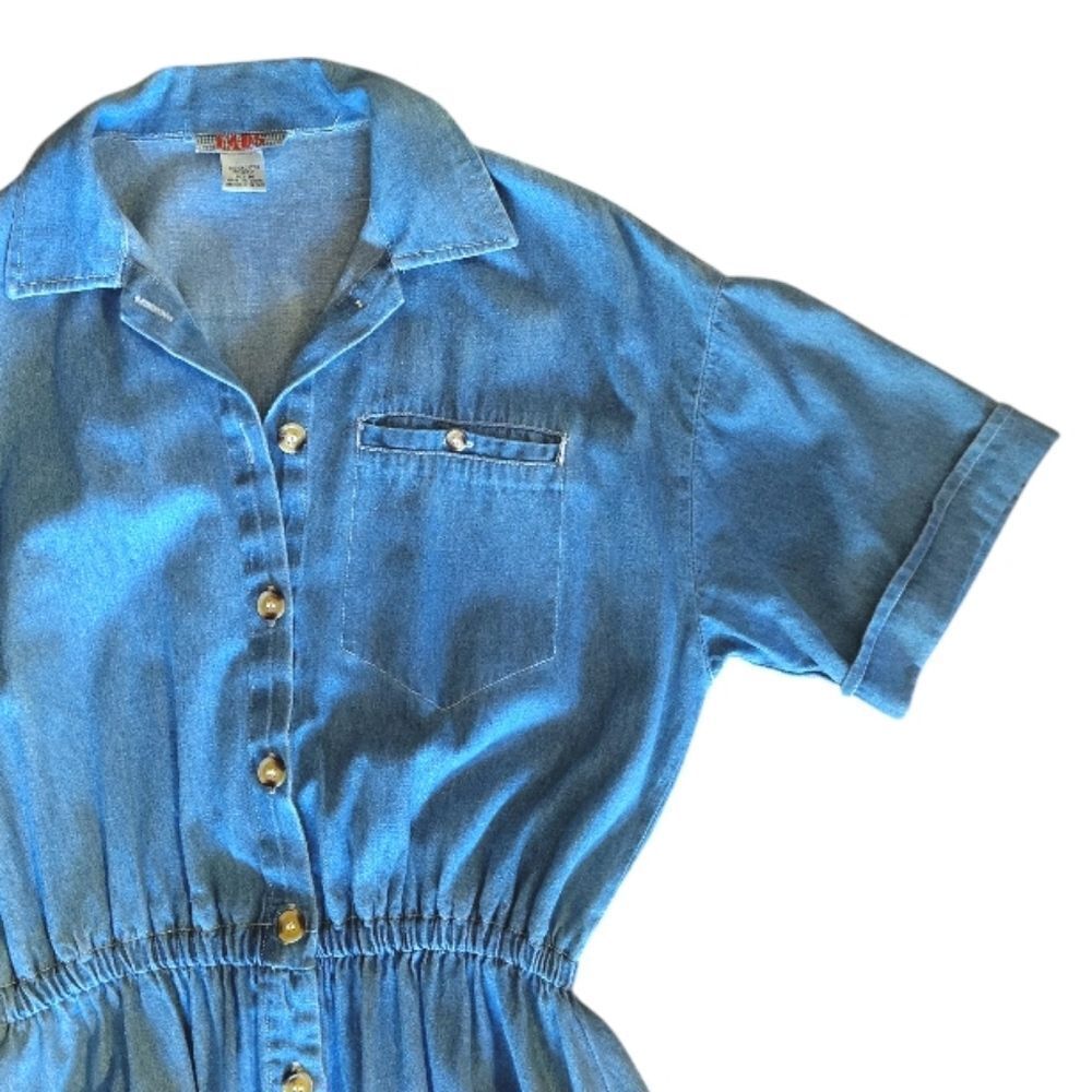 VTG 90s Blue Denim Button Front Short Sleeve Jean Midi Dress SZ Medium - Picture 5 of 13